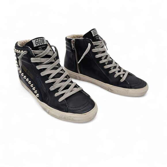 Golden Goose Slide Studded High Top Zip Up Sneaker Black Leather Size 37 US 7 - Picture 3 of 11